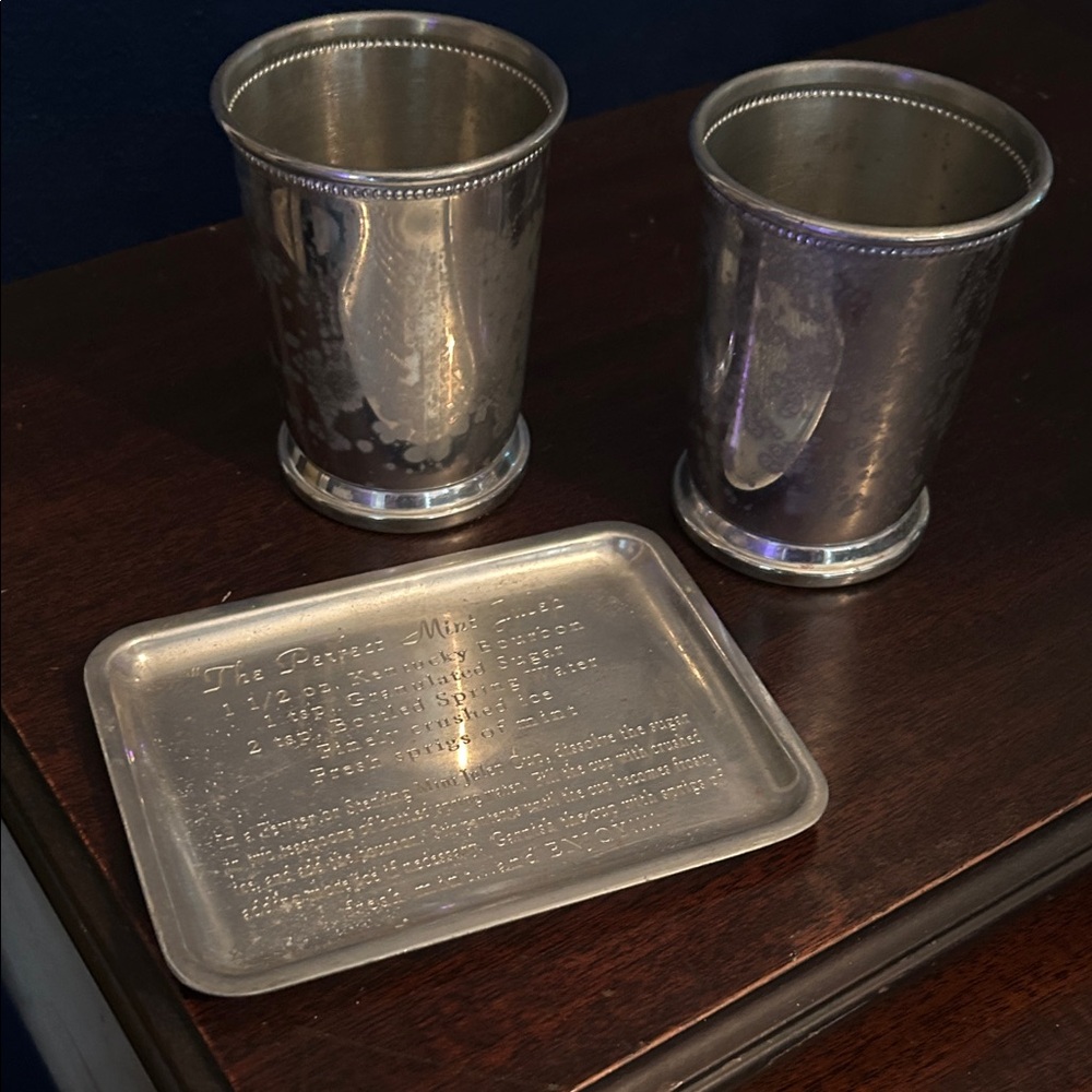 Vintage Empire Silver pewter mint julep cups and Boardman recipe tray